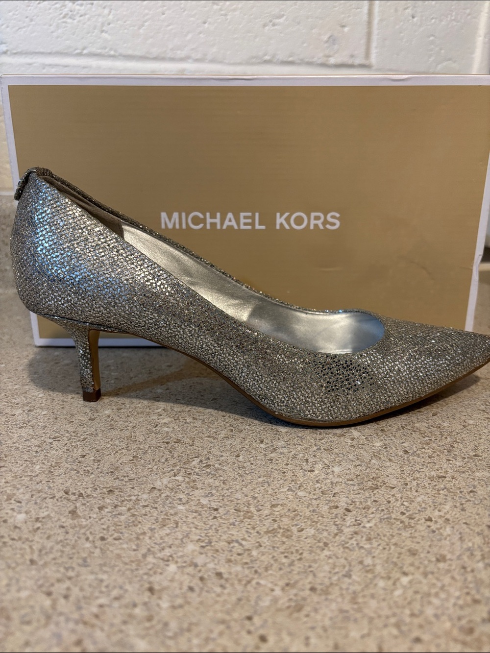 Michael Kors Silver Glitter Pointed Kitten Heel Pump